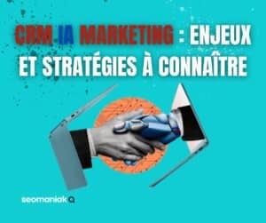 Poignée de main entre une main humaine et une main robotique sortant d’ordinateurs portables, symbolisant l’alliance entre le CRM et l’intelligence artificielle en marketing