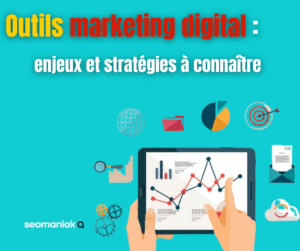Illustration d’outils du marketing digital avec une tablette affichant des graphiques, entourée d’icônes représentant l’analyse de données, les e-mails et les cibles marketing.