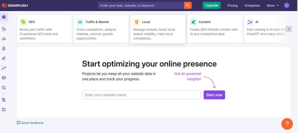 Capture d’écran de l’outil marketing digital de SEO SEMrush