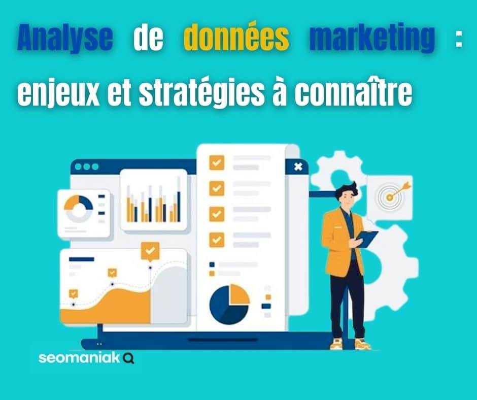Illustration d’un professionnel analysant des tableaux de bord marketing avec graphiques, courbes et indicateurs de performance, représentant l’analyse de données marketing