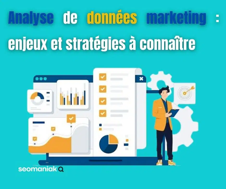 Illustration d’un professionnel analysant des tableaux de bord marketing avec graphiques, courbes et indicateurs de performance, représentant l’analyse de données marketing