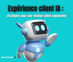 Illustration d’un robot assistant virtuel derrière un ordinateur, symbolisant l’intégration de l’intelligence artificielle dans l’expérience client