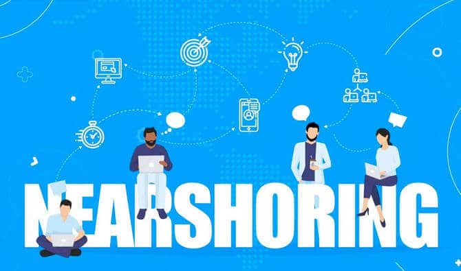 Visuel représentant le mot "nearshoring" entouré de professionnels issus de différents pays, symbolisant la collaboration interculturelle à proximité géographique