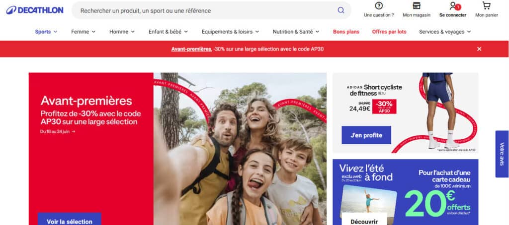 Capture d’écran du site Decathlon illustrant l’utilisation de l’IA pour guider les clients dans le choix de produits adaptés à leurs besoins