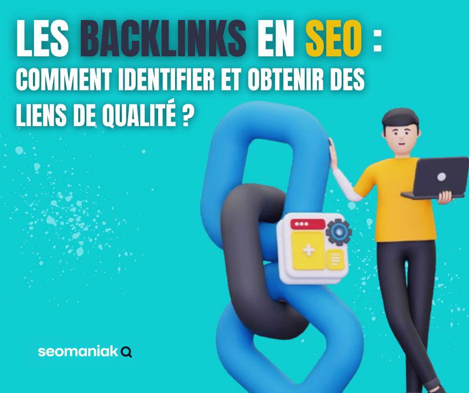 Illustration d’un backlink avec un personnage tenant un ordinateur et des chaînes symbolisant des liens de qualité