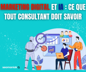 Illustration d’un robot et de marketeurs analysant des graphiques, représentant l’usage de l’IA dans le marketing digital pour les consultants.