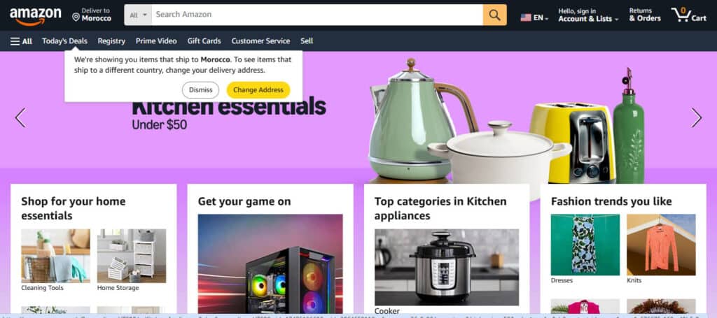 Capture d’écran de la page d’accueil Amazon illustrant l’importance de la position et de la visibilité produit pour le SEO en Amazon