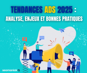 Illustration des tendances Ads 2025 avec des marketeurs autour d’un mégaphone, symbolisant l’engagement et la publicité digitale.
