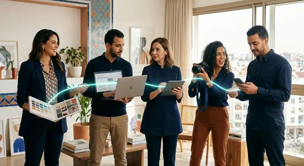 Équipe d’agence créative travaillant sur des projets de communication digitale au Maroc
