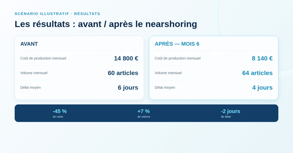 Infographie comparative des résultats illustratifs d’une agence française après mise en place du nearshoring au Maroc